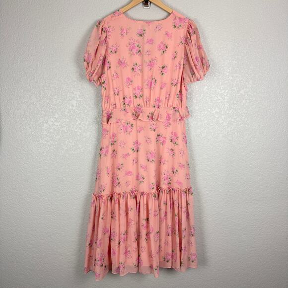 LoveShackFancy Fleur Chiffon Midi Dress Peachy Pink Floral 16 Wedding Guest - Picture 7 of 13